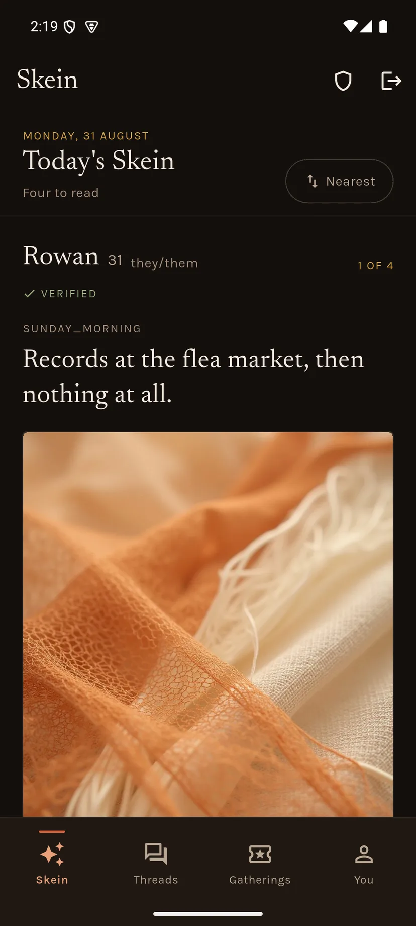 Today's Skein: a dated header reading Four to read, then a profile card with a name, age, pronouns, a verified badge and a full-bleed photo.