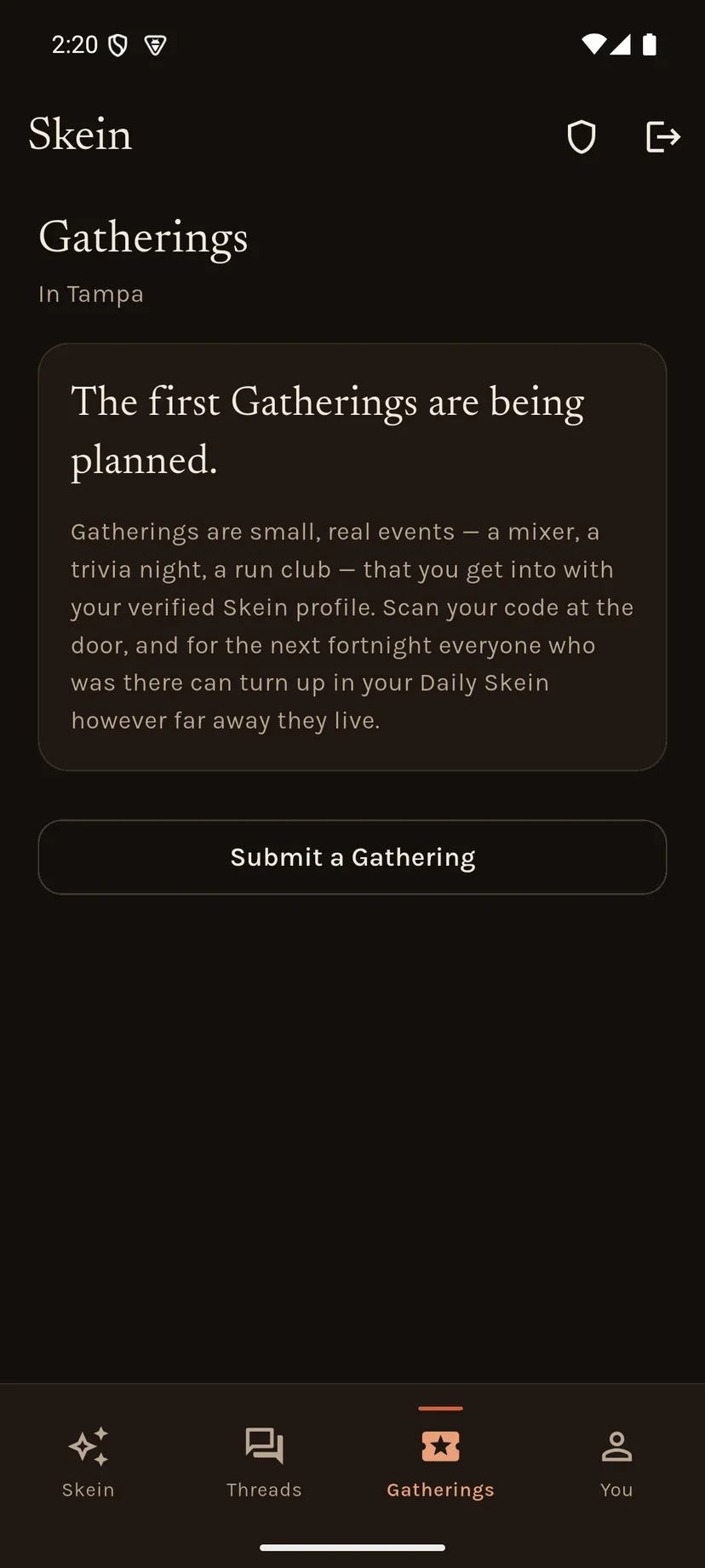 The Gatherings tab for Tampa, explaining that Gatherings are small real events you get into with a verified profile.