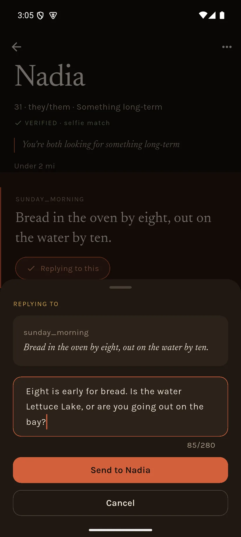 The reply sheet, showing the prompt being replied to above a note the sender has written and a character count.
