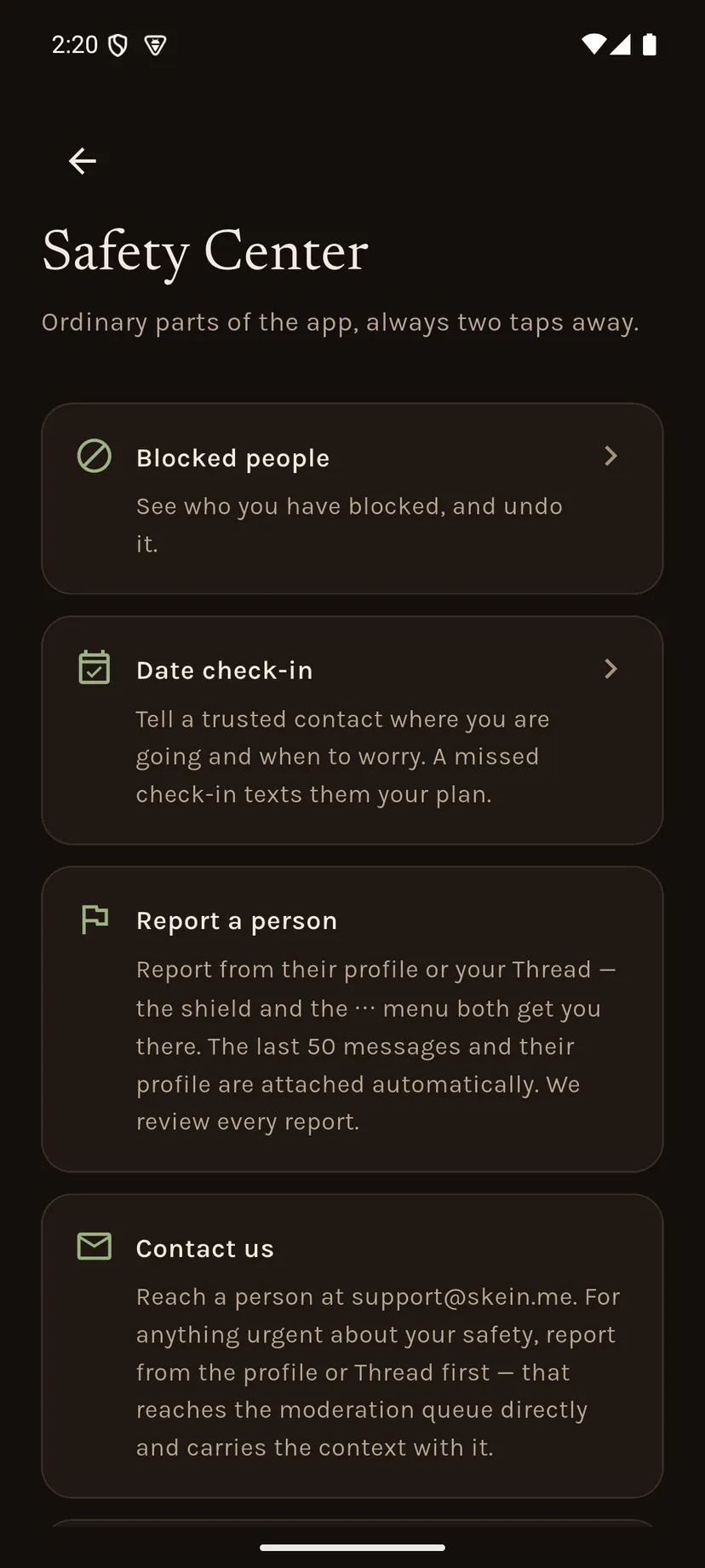 The Safety Center: blocked people, date check-in, report a person, and a contact card, each with a plain description.